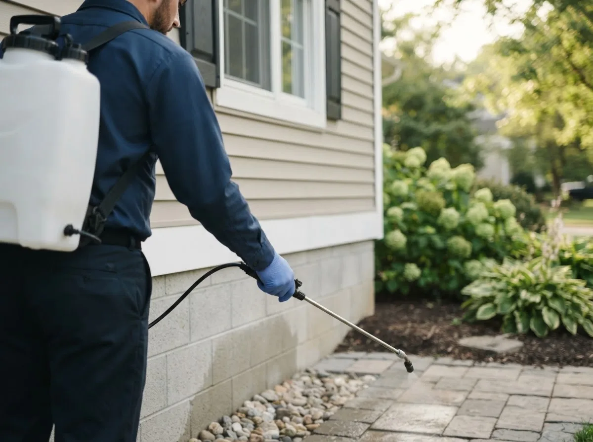 Pest control technician inspecting a home in Alexander, NY